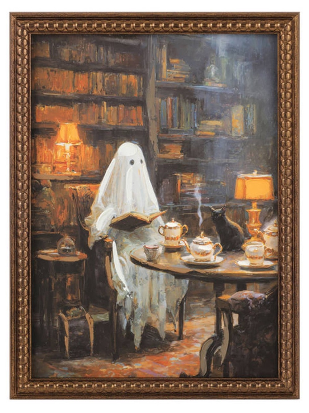 Ghost Reading in Library Framed Art Print - White & Brown